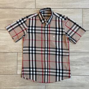 Burberry Tan Plaid Short Sleeve Button-Down Shirt with Black & Red